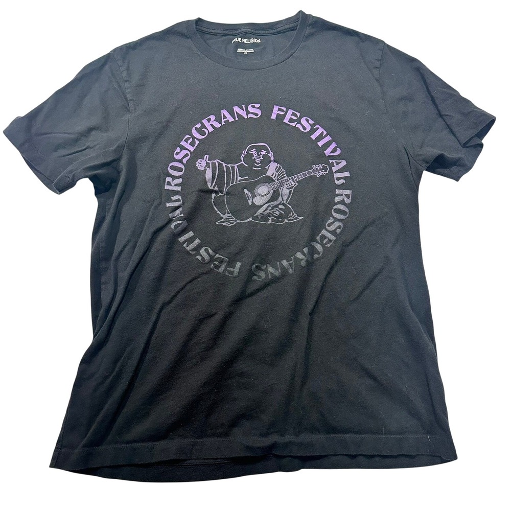 True Religion Mens‎ Rosecrans Festival Buddha Guitar Graphic T-Shirt Black Large